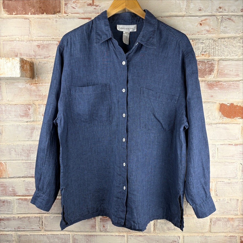 Jones New York Vintage Navy Blue Linen Button Down Shirt Size 10 Cottagecore 90s